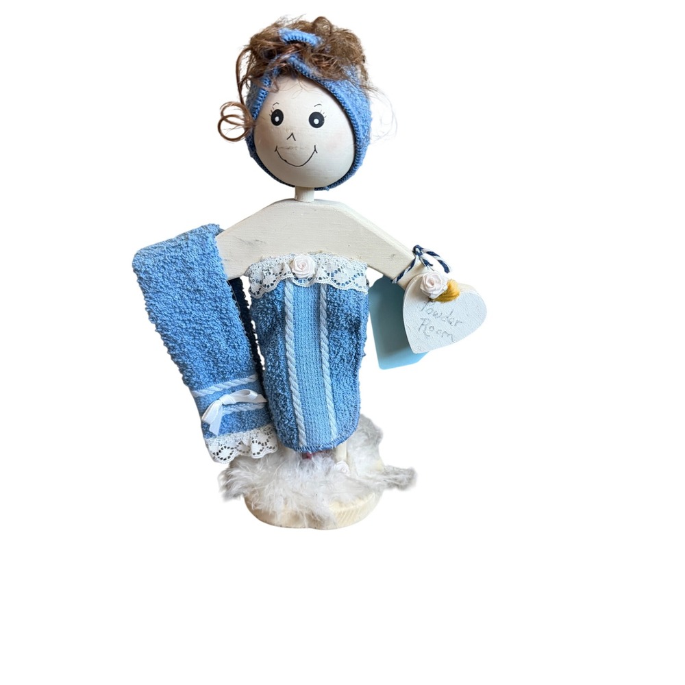 Vintage Wooden Powder Room Bathroom Doll Figurine Blue Terry Cloth Lace 12.5in